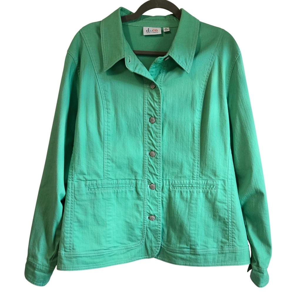 Denim & Co Chic Spring Green Button Front Denim Jacket XL Filigree Button Cotton